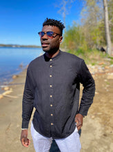 Load image into Gallery viewer, Black Linen Shirt with Band Collar