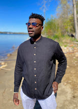 Load image into Gallery viewer, Black Linen Shirt with Band Collar