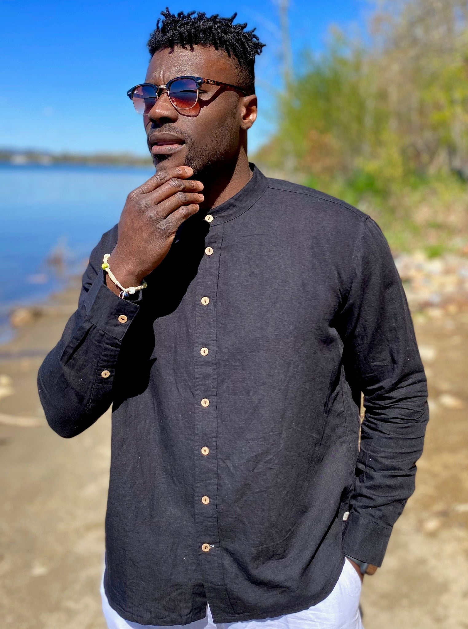Black Linen Shirt with Band Collar One World Brothers Black Linen Shirt with Band Collar One World Brothers