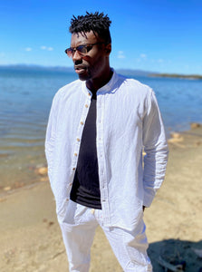 White Long Sleeve Linen Shirt with Nehru Collar